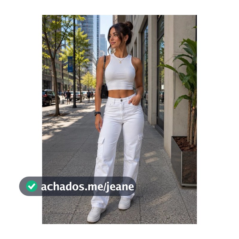 1578 Calça Jeans wideleg cargo Branco-feminina