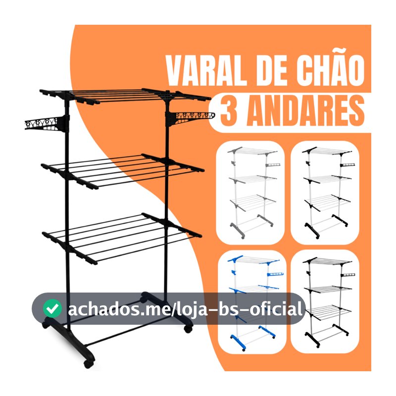 Varal De Chão De Roupas 3 Andares Dobrável Grande 4 Rodas