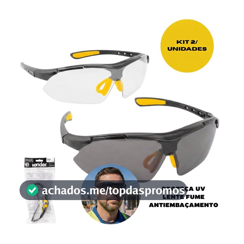 Kit 2 Oculos Proteção Segurança Construção Civil Incolor Fume Segurança Sol Bicicleta Obras Trabalho Corrida Vonder