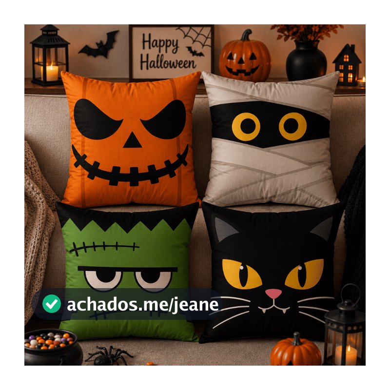 Kit 4 Capas de Almofada Halloween Abóbora Múmia Frnkestin Gato Preto Decoração Dia das Bruxas Sofá