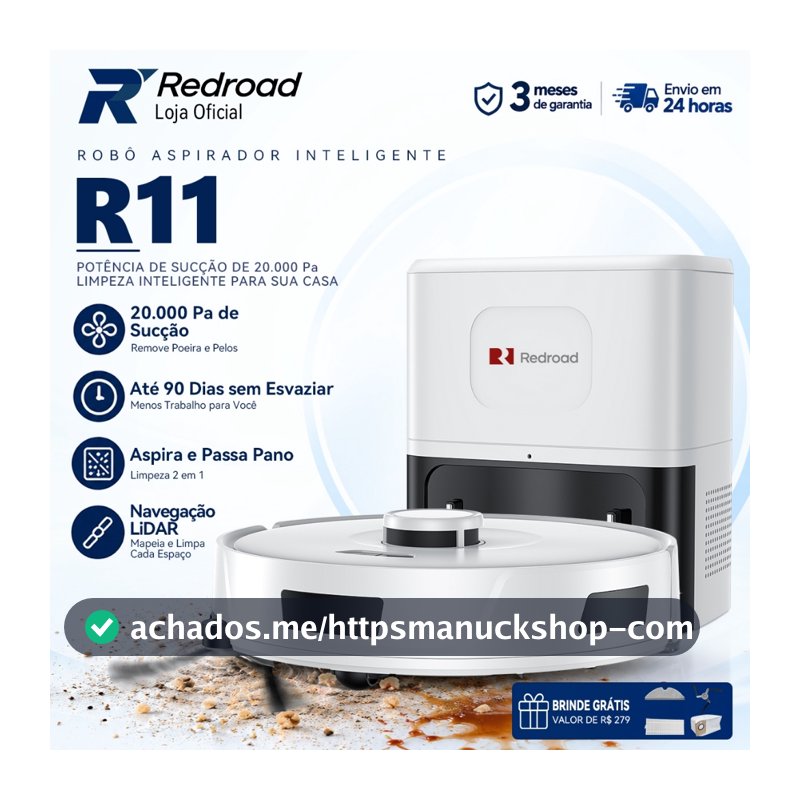 Robô Aspirador Passa Pano Redroad R11 Inteligente 20000Pa Autoesvaziável 3 em 1 App e Voz Silencioso Para Pets 127/220V