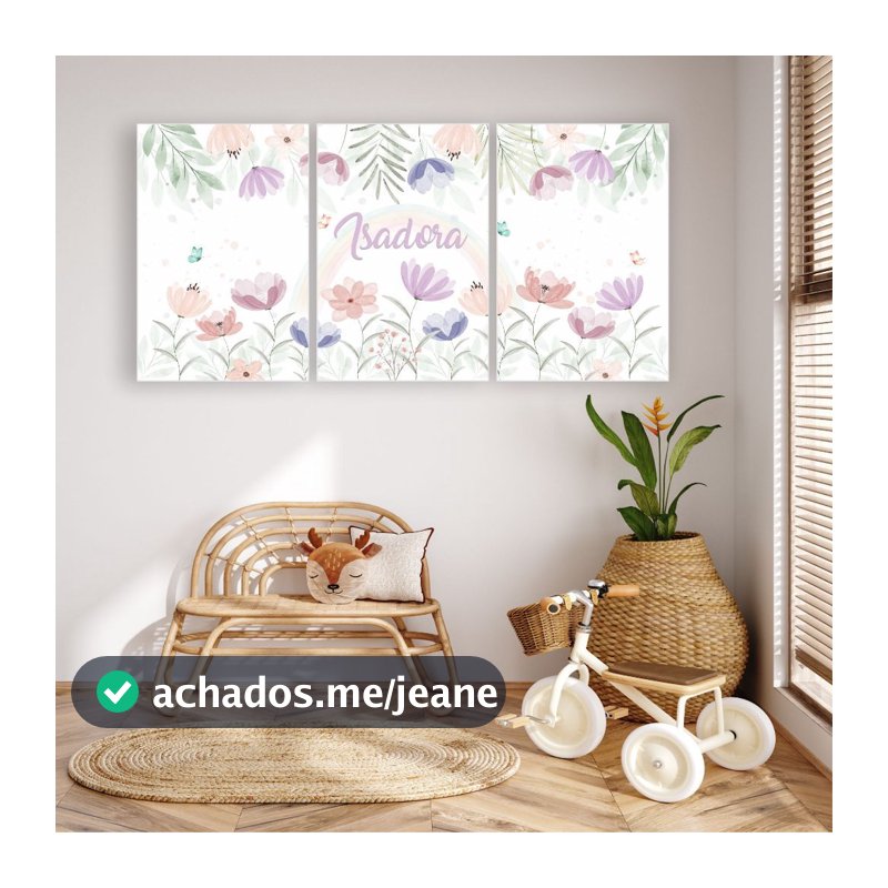 KIT 3 QUADROS FLORAL COM NOME PERSONALIZADO - MEDIDA 20X30 CADA