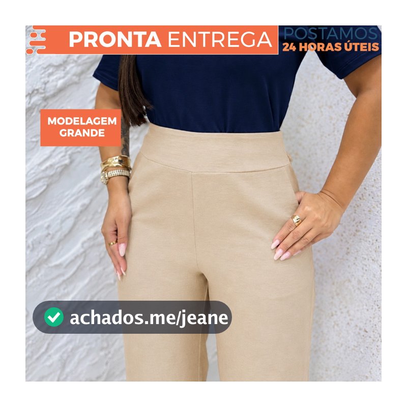 Calça Feminina Wide Leg Pantalona Cós Alto com Elástico e Bolso Faca Alfaitaria Social