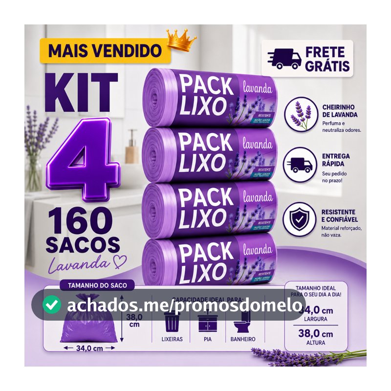 Kit 4 Rolos Saco de Lixo Perfumado Lavanda 10L 160 Sacos Pia Banheiro Resistente Antiodor
