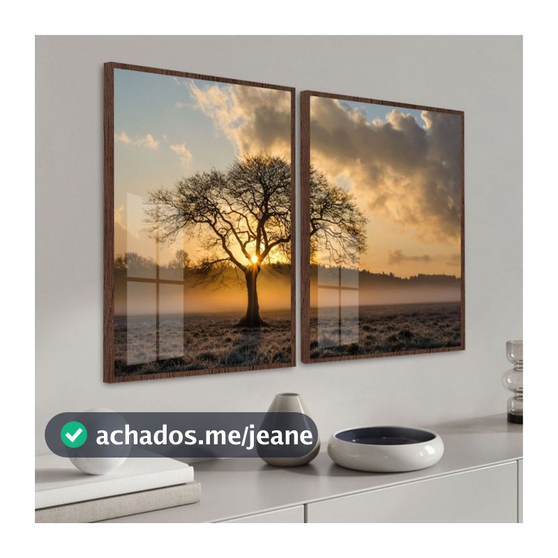 Quadro Moldura e Vidro Kit Duas Peças Árvore Nuvens Pôr do Sol Céu Decoração Quarto Sala Escritório