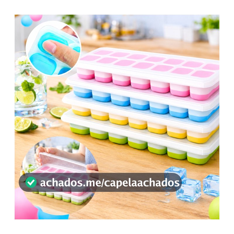 Kit 4 Formas de Gelo Silicone 14 Cubos com Tampa Rígida Fundo Flexível Desenforma Fácil Freezer
