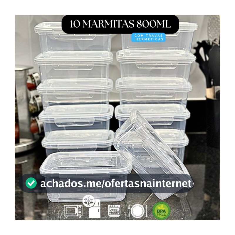 Kit 10 Marmita Potes 800ml com Travas Laterais BPA FREE - Alimentos organizadores de congelador
