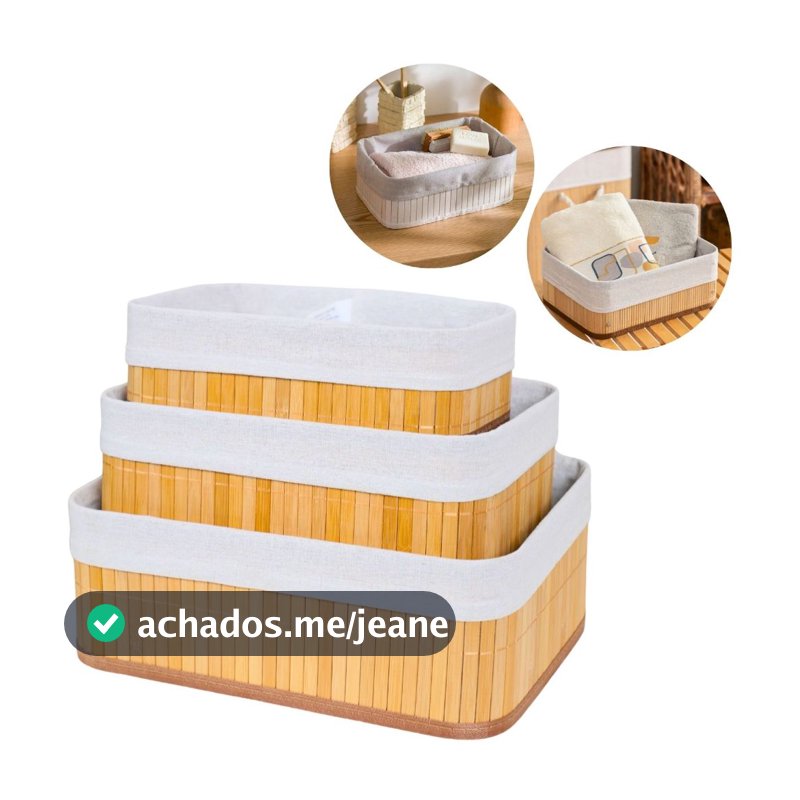 Kit 3 Cestos Organizadores de Bambu Multiuso com Forro
