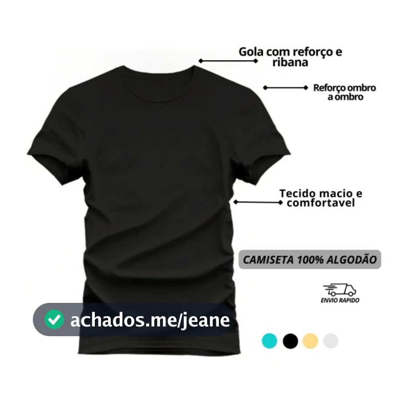 Camiseta Básica 100% Algodão Masculina Feminina Unissex com Reforço Ombro a Ombro