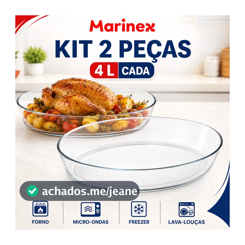 Kit 2 Assadeiras Oval Clássica Marinex 4L em Vidro Refratário Assadeira para Forno Lasanha e Assados Travessa