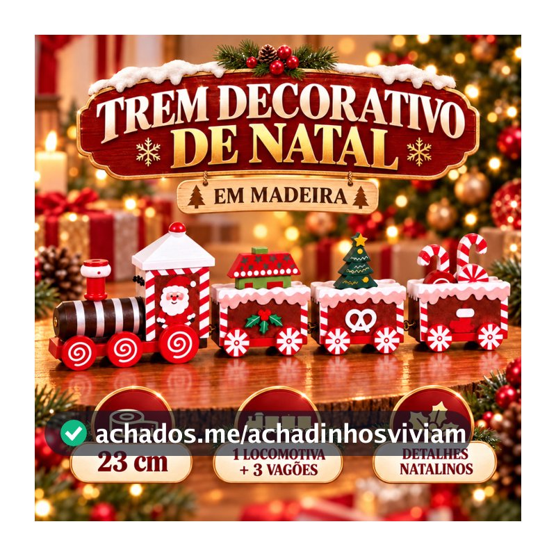 Trenzinho de Natal de Madeira com 3 Vagões Articulados Enfeite para Decoração Natalina Mini Trem