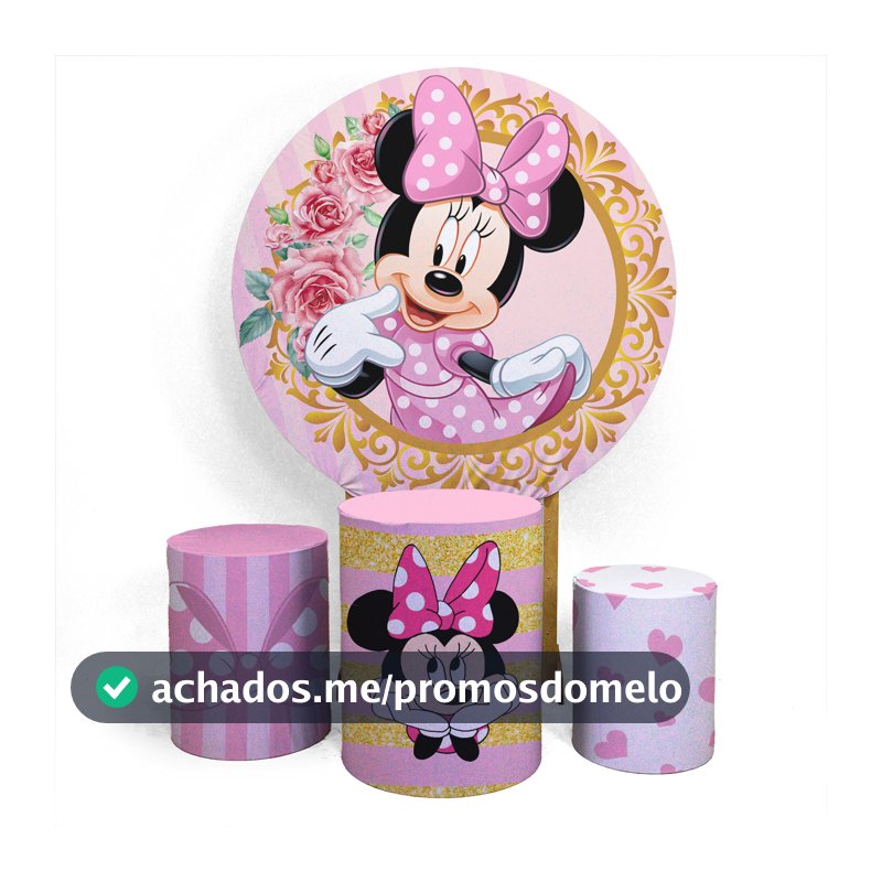 Kit Capa Painel 1,5 x 1,5 Trio Capa Cilindro Aniversário Veste Fácil Tema Mnie Rosa