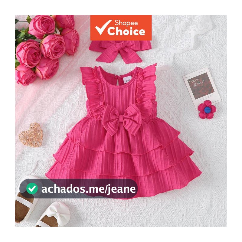 Moda Bebê Menina Babado Sem Mangas Vestido De Verão + Faixa De Cabeça Com Laço Para Recém-Nascidos De 0 A 24 Meses
