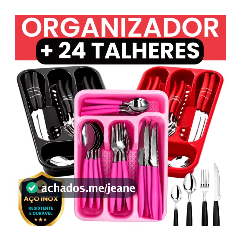JOGO DE TALHERES 25 PEÇAS AÇO INOX CABO DE PLÁSTICO FAQUEIRO GARFOS FACAS COLHERES DE COZINHA + ORGANIZADOR DE GAVETA