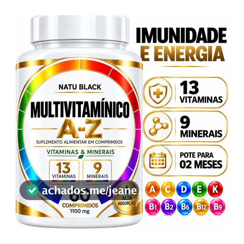 Multivitamínico A - Z  Original 13 Vitaminas 9 Minerais 1100 mg Uniseex Pote Para 2 Meses de Uso