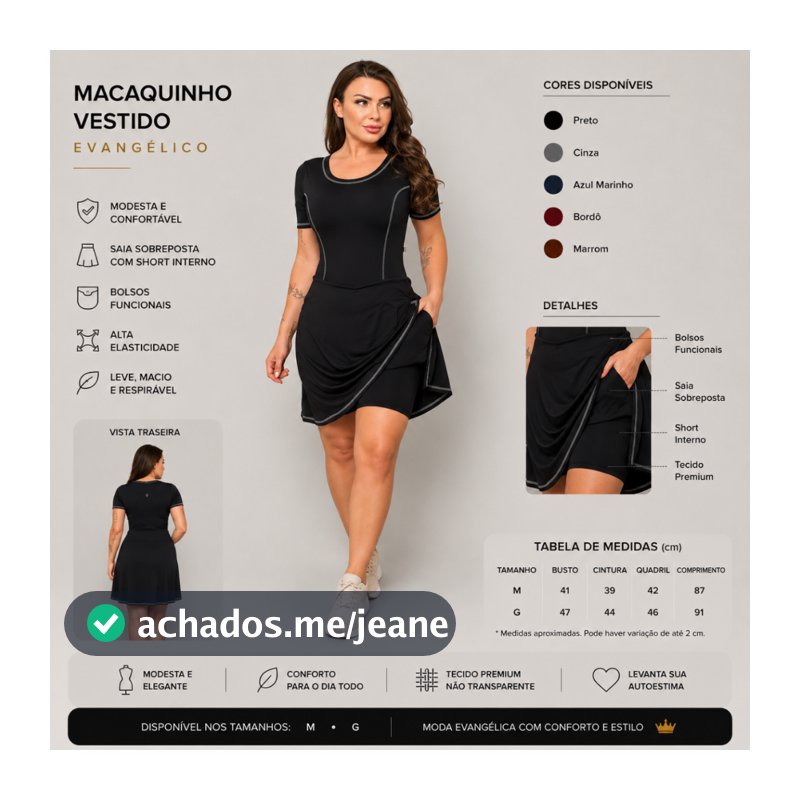 Macaquinho Vestido Evangélico com Bolsos - Moda Feminina Elegante e Esportiva