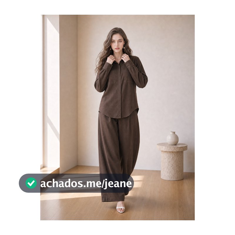 Conjunto 8026 camisa e calca pantalona tecido linho com bolso frontal e lateral barra redonda