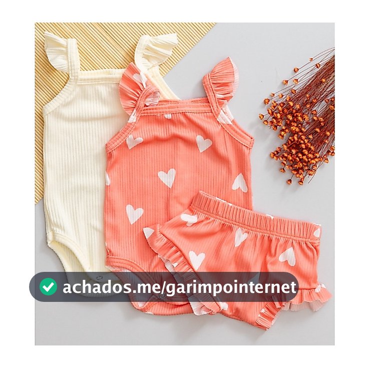 Kit 3 Peças Bebê Verão Body e Tapa Fralda Infantil Babado Menina Estampa de Coração Rosa