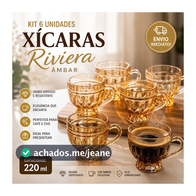 Jogo 6 Xícaras Vidro Âmbar Riviera 220ml Design Elegante Ideal para Café Chá e Cappuccino