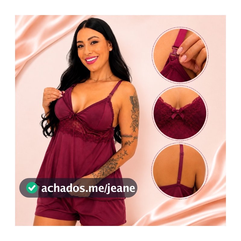 Baby Doll Amamentação Com Click Abre Fácil Gestante Pós Parto Pijama Para Amamentar Com Renda