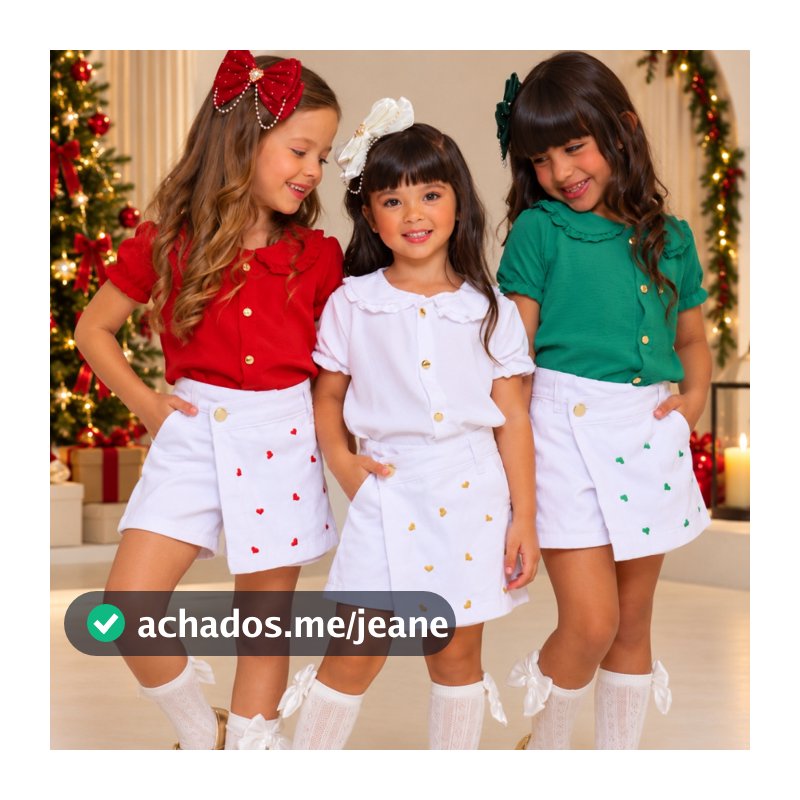 Conjunto Infantil Menina Natal Festa Strass Blusa Tecido Duna E Short Brim Roupa Fim De Ano