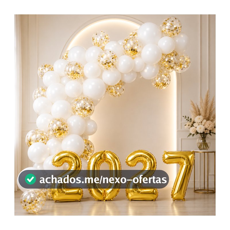 Kit Balão Bexiga Ano Novo 2027 + Numero Metalizado + Branco + Cristal Decoração