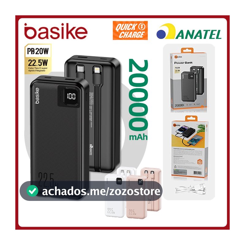 Basike Carregador Portátil Power Bank 20000mAh Bateria Externa Para iPhone Samsung Pow079