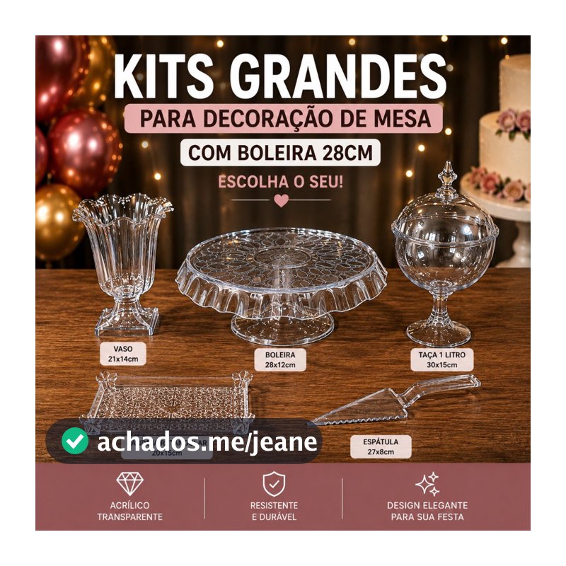 Kit Decoração de Festa Mesa Cristal Grande Boleira Espátula Vaso Taça Bandeja Transparente