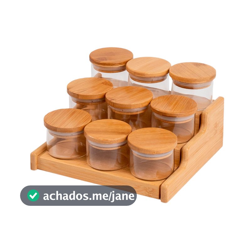 Kit 9 Potes Hermético 110ml com Tampa de Bambu E Rack Organizador de Bambu - Oikos
