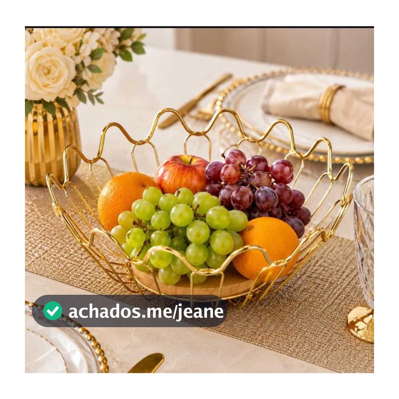 Fruteira de Mesa Aramada Metal Dourado 27cm com Base de Madeira e pé de bolinha Organizador Decorativo Premium