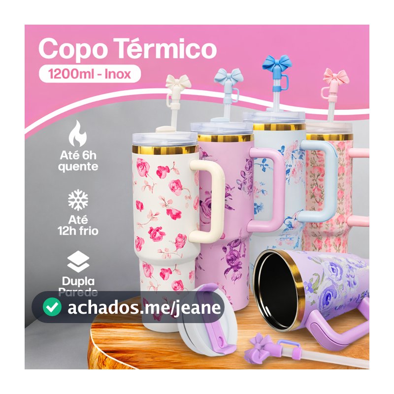 Copo Térmico com Canudo 1.2L Inox 1200mL Garrafa com Protetor de Canudo Florido Personalizado Floral