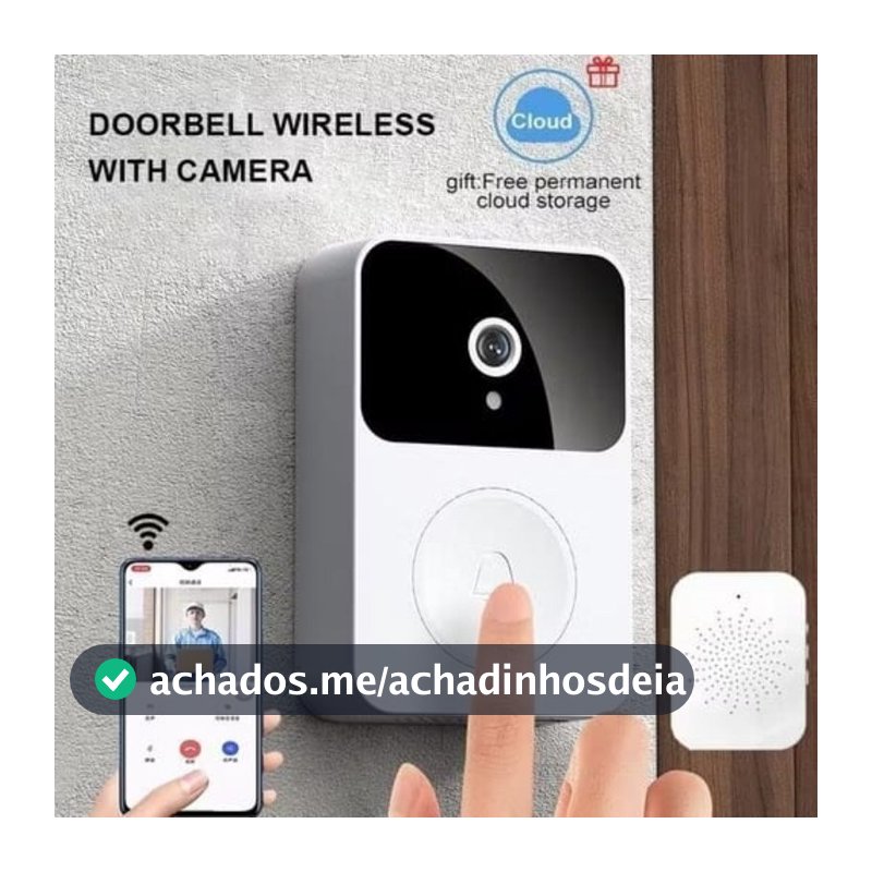 Campainha Wi-Fi Recarregável com Monitoramento HD 24h na Palma da Mão, com Acessórios de Instalação e Cabo de Dados