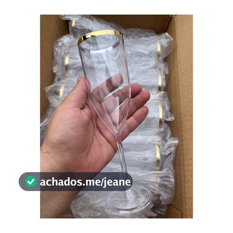 Kit com 10 Taças de Champanhe /  Espumante Acrílico -  Transparente Com Borda Dourada - Obs:  Liso, sem personalização