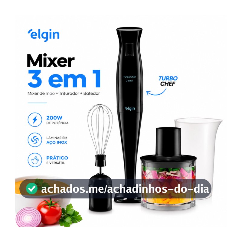 Mixer 3 em 1 Elgin Turbo Chef 200W Preto Mixer de Mão com Triturador e Batedor 3 peças