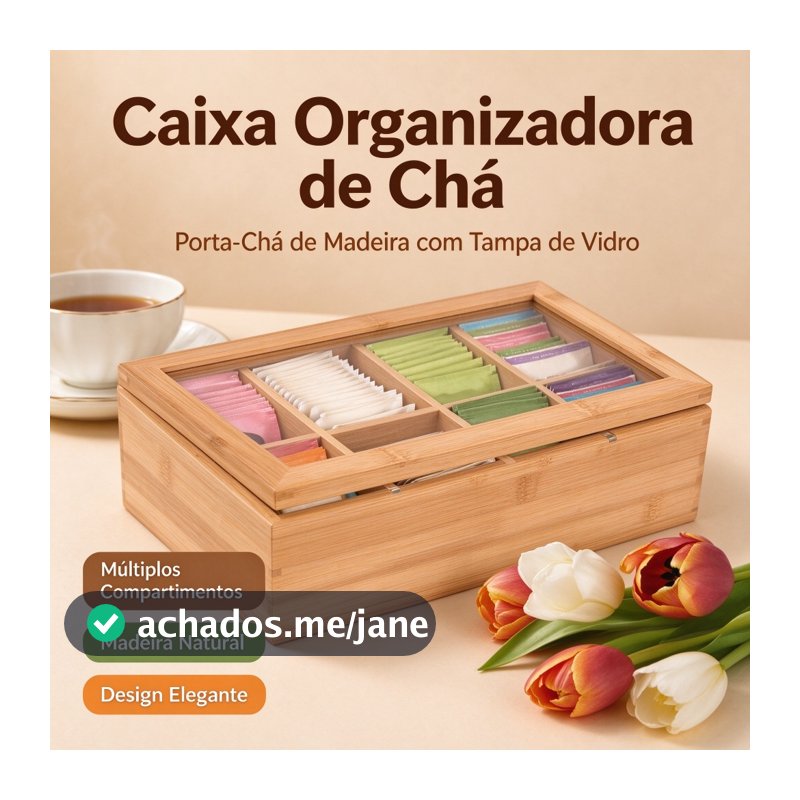 Organizador Porta Chá Sachê Bambu Caixa Decorativa Bijuterias 6/8 Divisórias Especiarias