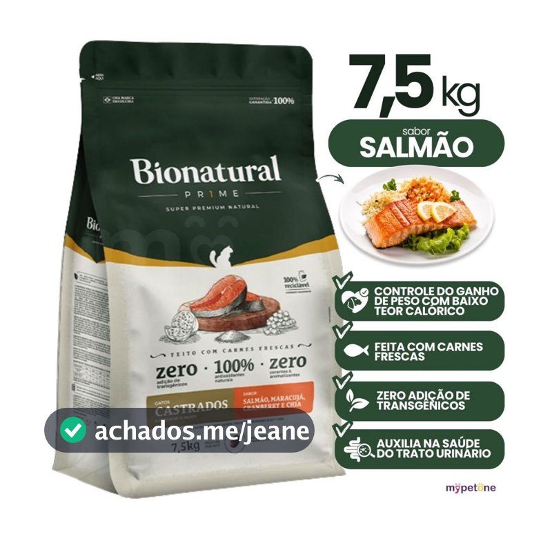 Ração Seca Bionatural Prime Salmão Gatos Castrados 7,5kg
