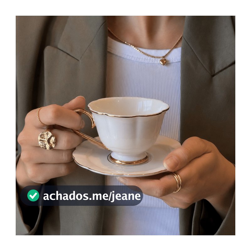Jogo de 6 Xícaras para Café Mon Charman borda dourada 90ml branco Xícara Bella e a Fera