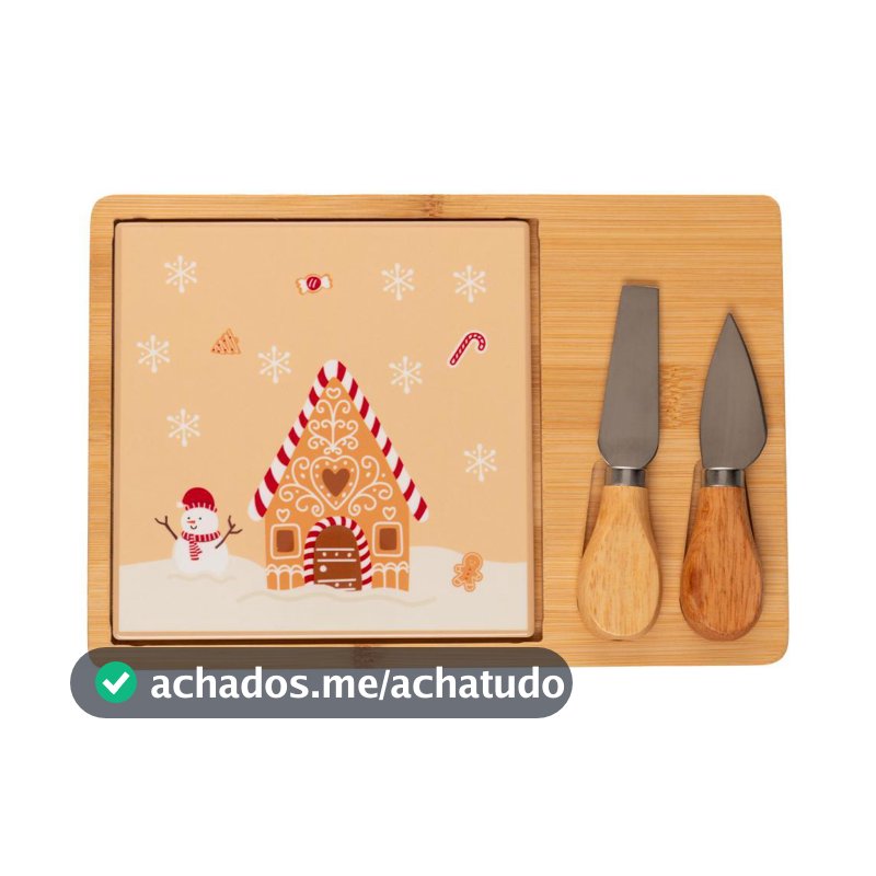 Conjunto 4 Peças para Queijo Encanto de Natal Lyor com Bandeja Tábua Faca e Espátula para Servir Petiscos em Celebrações