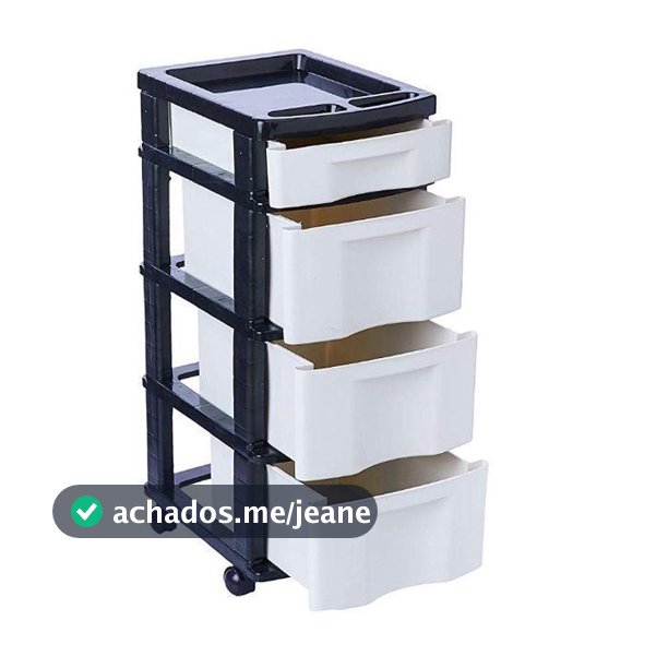 Gaveteiro Organizador Plástico Com Rodinhas Branco e Preto Com 4 Gavetas - Agraplast