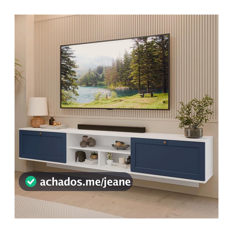 Rack Suspenso para TV até 80 Polegadas 218 cm 2 Portas Branco/Azul Vik Madesa