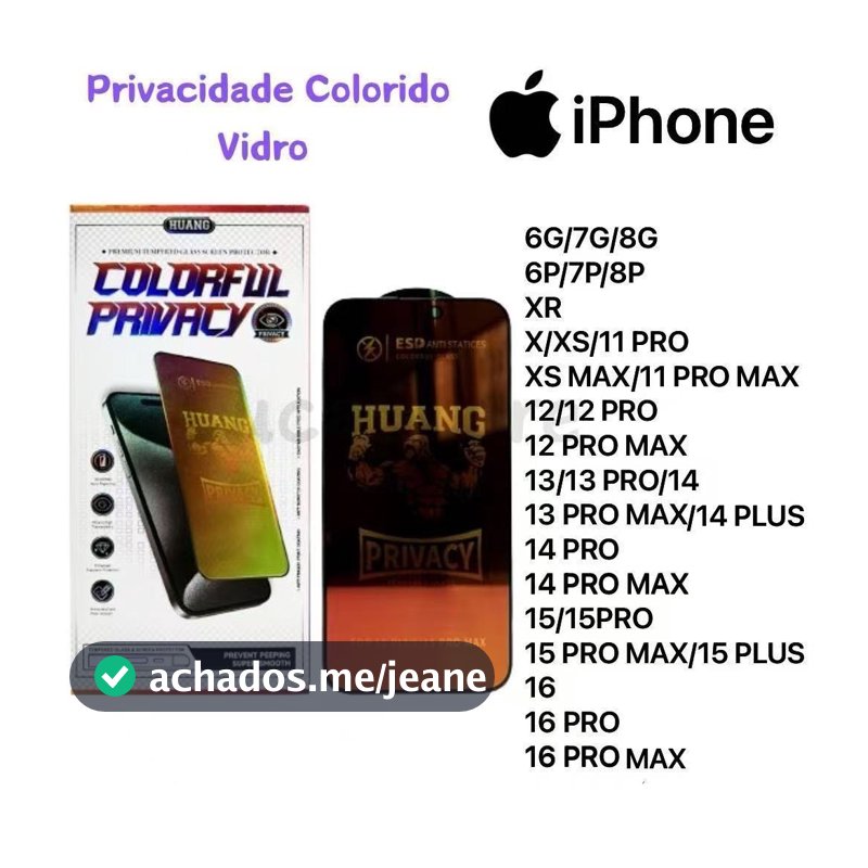 Película De Vidro 3D Colorido Privacidade Anti Spy Para IPhone 6G,7G,8G,PLUS ,XR ,XS ,11 12 13 14 15 16 17 PRO MAX