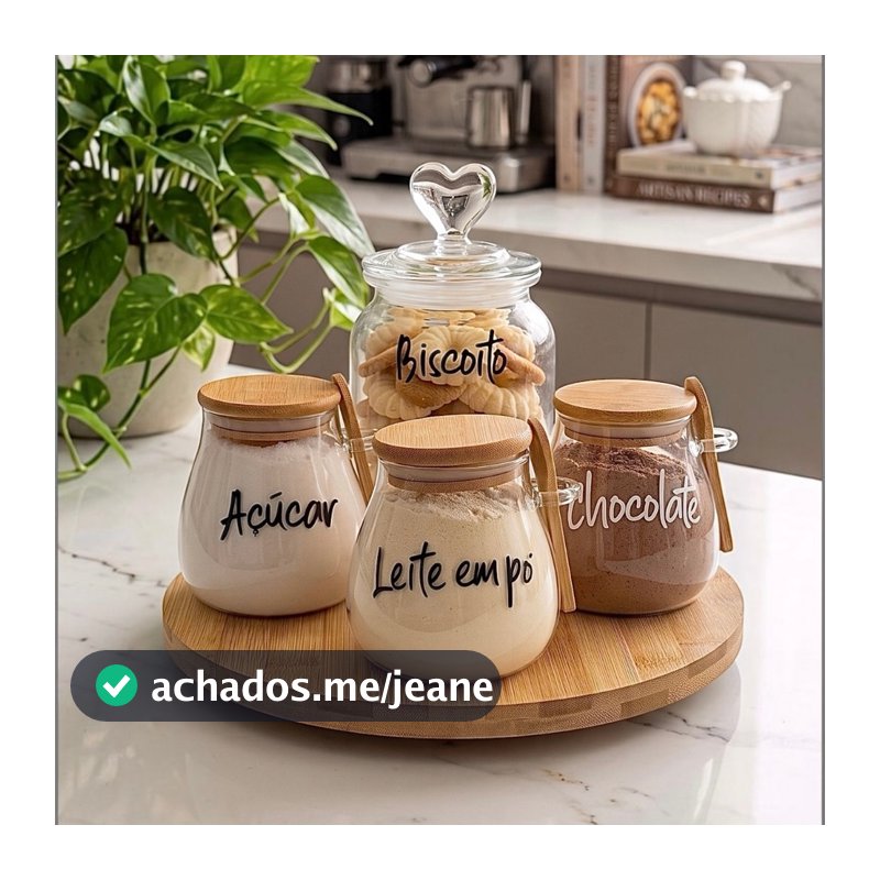 KIT 5 PEÇAS POTES STYLE E CORAÇÃO COM BANDEJA GIRATÓRIA
