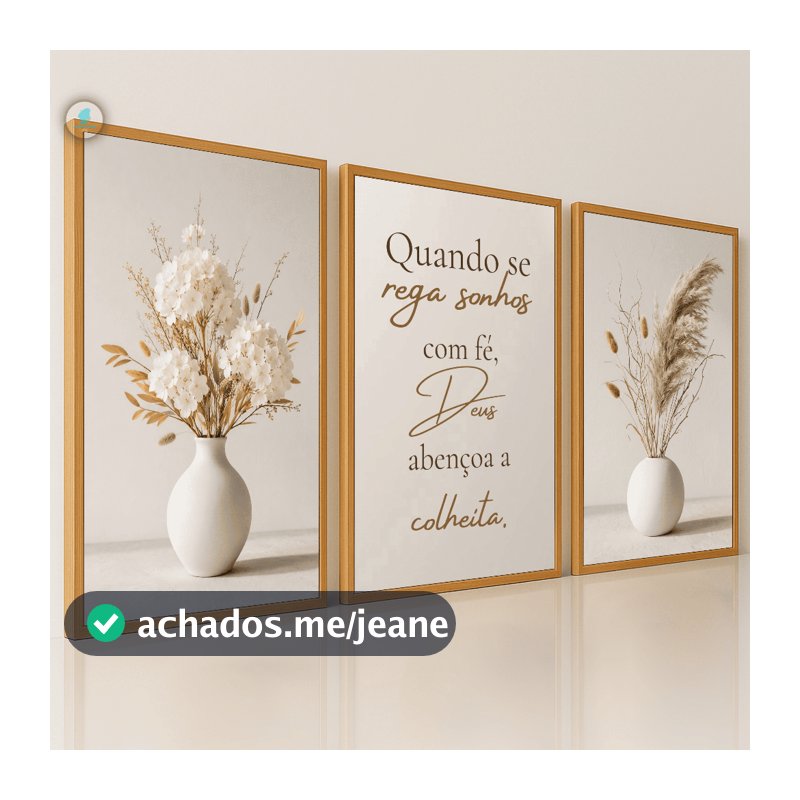 Quadros Decorativos Trio Vasos Flores Brancas Fé Bíblico Moderno 3D Sala Quarto