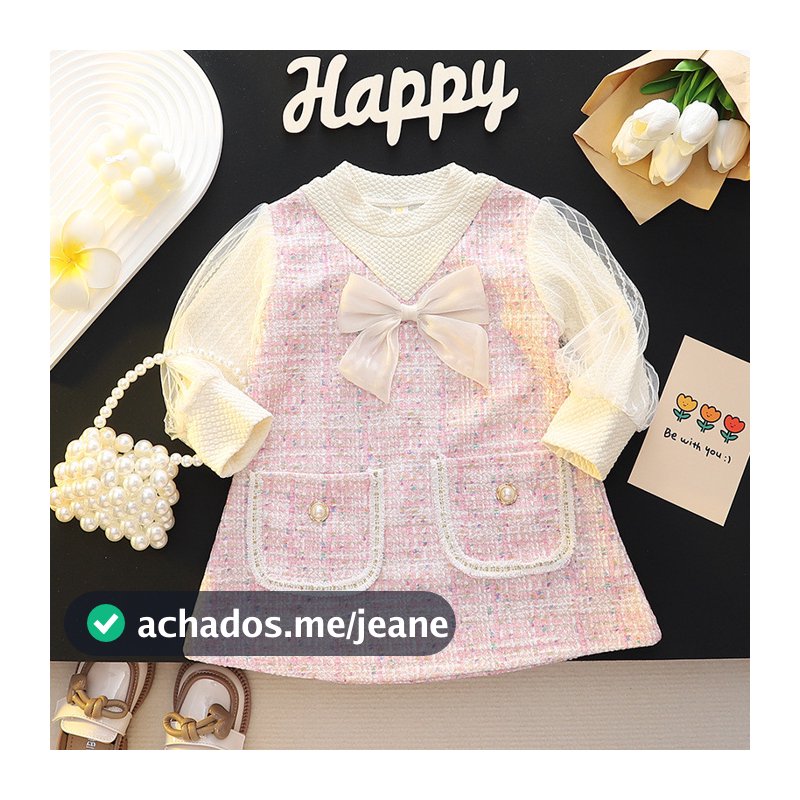 Primavera E Outono Novo Vestido De Manga Comprida Euganza Para Bebês Meninas , Estilo Coreano Com Laço Doce Roupas Infantis (9 Meses A 3 Anos)