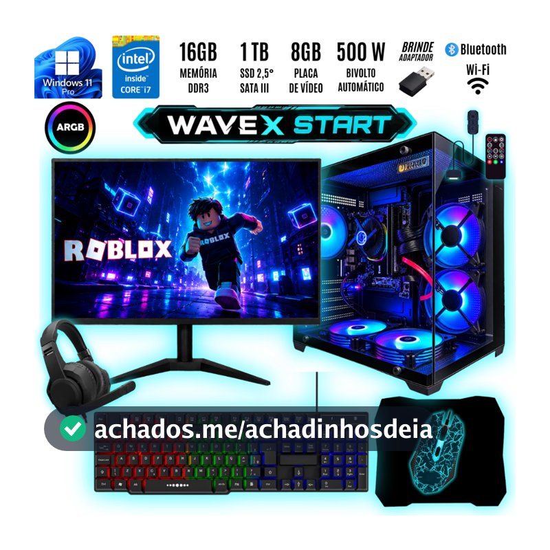 PC Gamer WaveX Start Preto I7 16GB Ram LED Controlável ARGB Adaptador Wifi Bluetooth Computador Montado Monitor + Kit