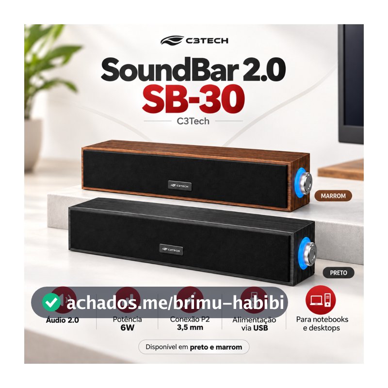 SoundBar C3Tech SB-30BW 6W Estilo Retro Acabamento de Madeira Audio 2.0 USB Conexao Audio p2 3,5mm Caixa de Som Sondbar