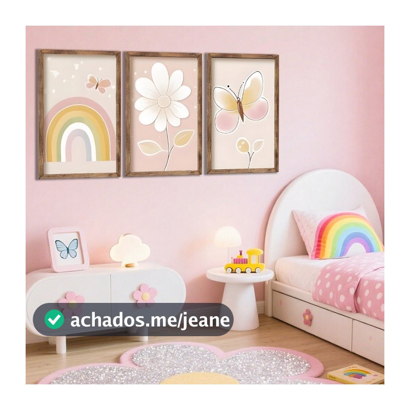 Kit 3 Quadros Decorativos De Flores Borboletas E Arco-íris Quadros De Quarto Para Crianças Decoracao Parede Infantil