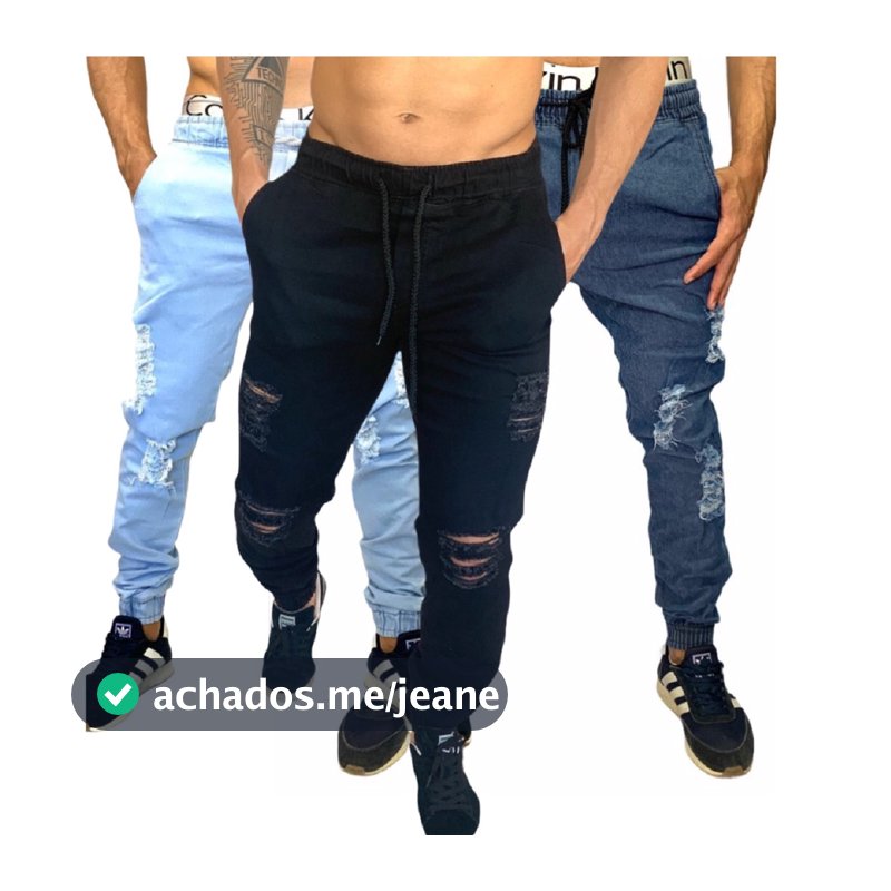 Calças Preta Clara e Média Jogger Jeans e Sarja Masculina Com Elástico e Cordão d ajuste LYCRA Kit 3