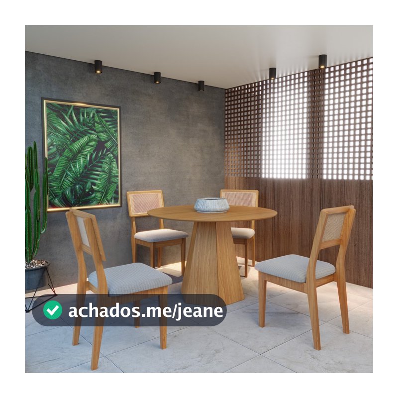 Conjunto Sala de Jantar Mesa Lisboa Hexagonal Freijó TM80 com 4 Cadeiras Palha Sintética CA35