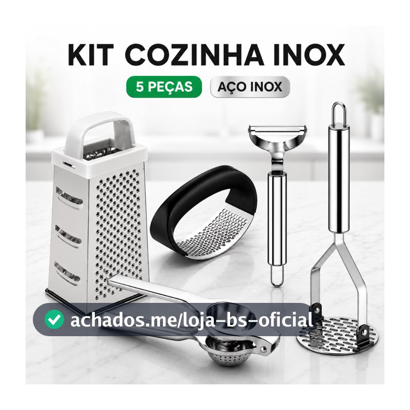 KIT 5 Peças Inox Cozinha | Amassador Batata e Alho, Descascador, Espremedor Limão e Ralador 4 Faces